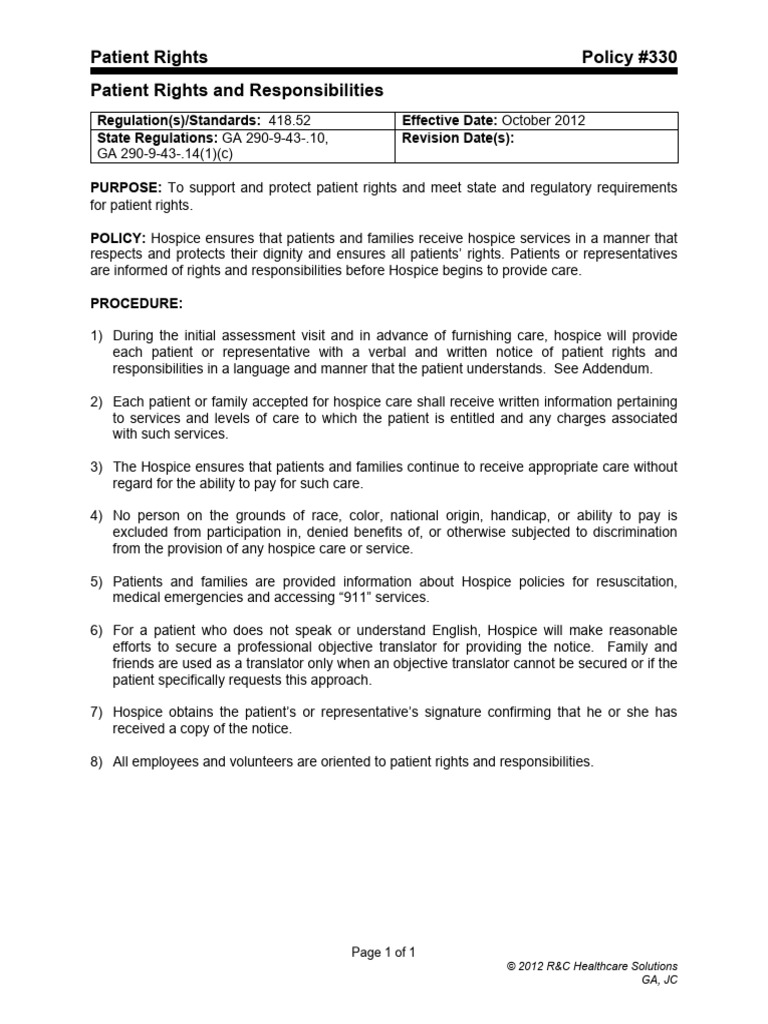 330 Patient Rights and Responsibilities | PDF | Patient | Palliative Care