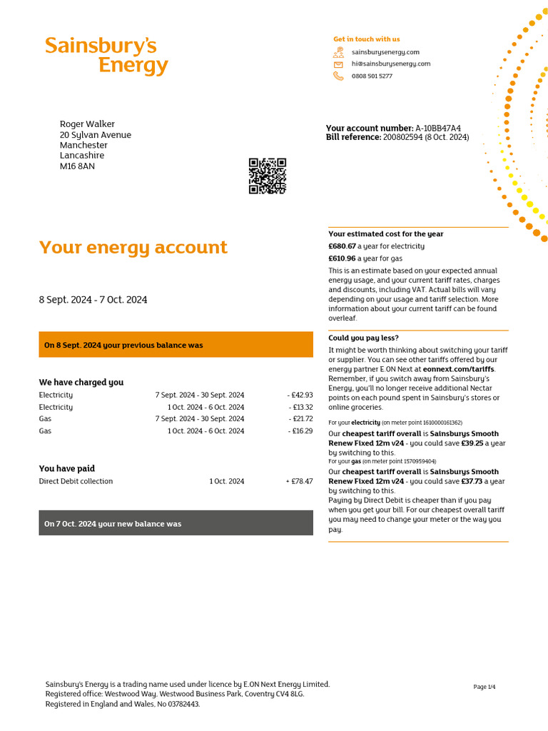 Sainsbury's Energy Account Summary | PDF | Value Added Tax | Gases