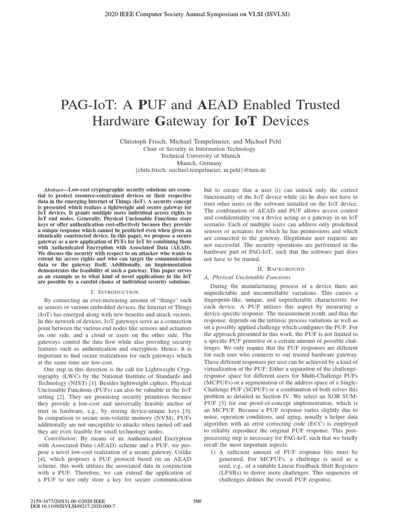 PAG-IoT A PUF and AEAD Enabled Trusted Hardware Gateway For IoT Devices ...
