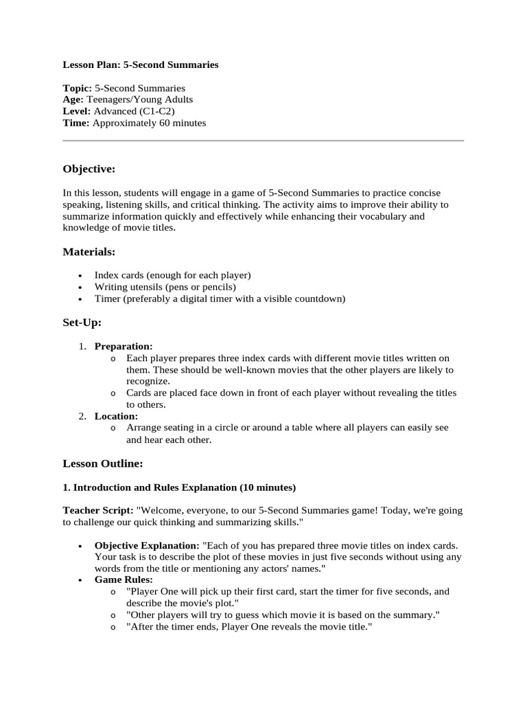 5-Second Summaries Lesson Plan | PDF | Lesson Plan | Behavior Modification