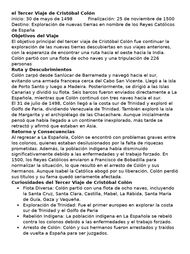 El Tercer Viaje de Colón: Exploración y Caída | PDF | Cristobal colon ...