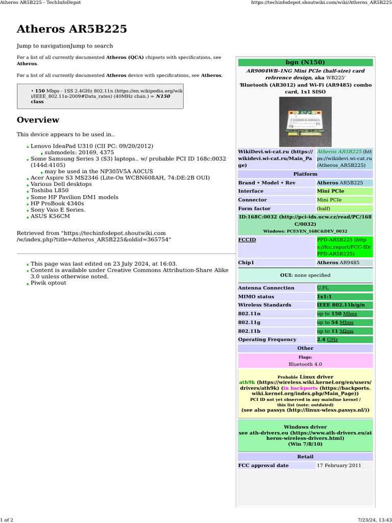 Atheros AR5B225 Specifications Overview | PDF | Ieee 802.11 | Computer ...