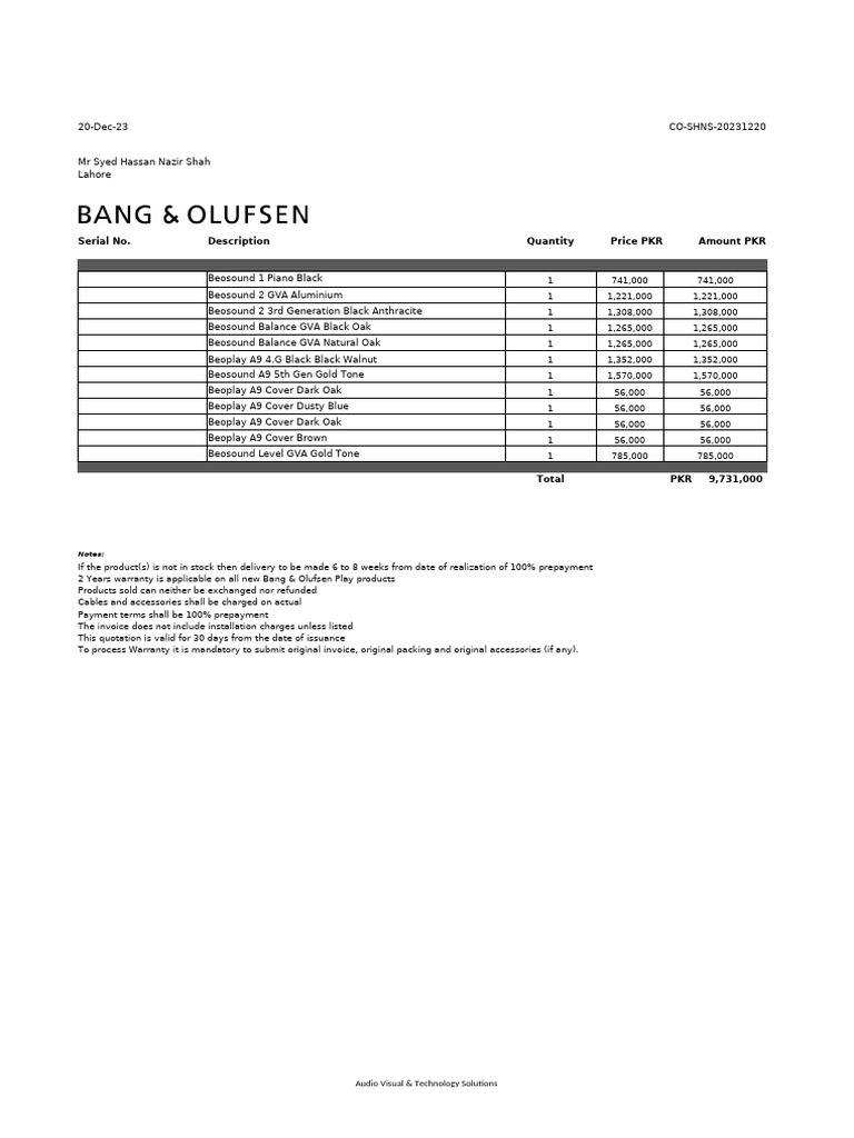 Bang & Olufsen Audio Solutions Invoice | PDF