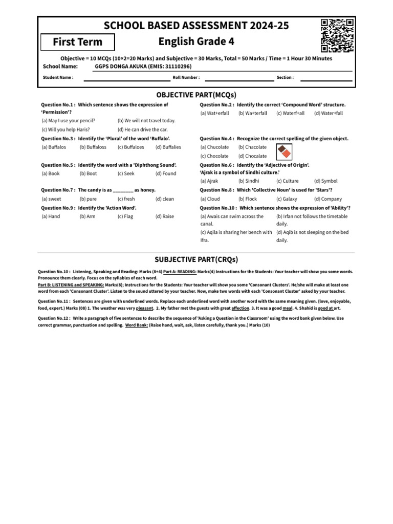 English Assessment for Grade 4 | PDF | Word | Linguistics