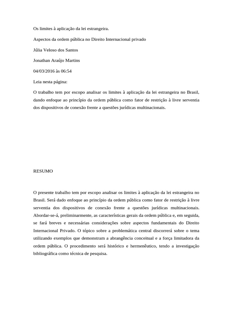Limites da Lei Estrangeira no Brasil | PDF | Justiça | Crime e Violência