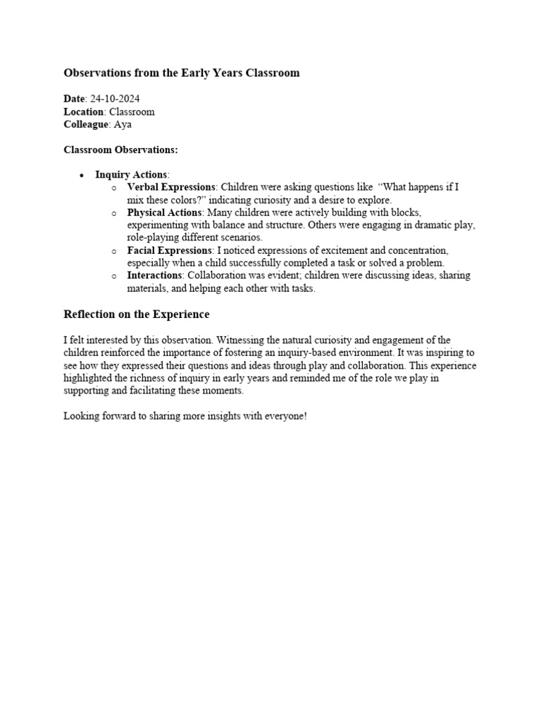 Observations From The Early Years Classroom | PDF