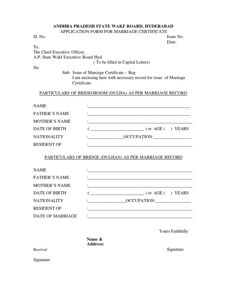 Marriage Certificate Application Form PDF