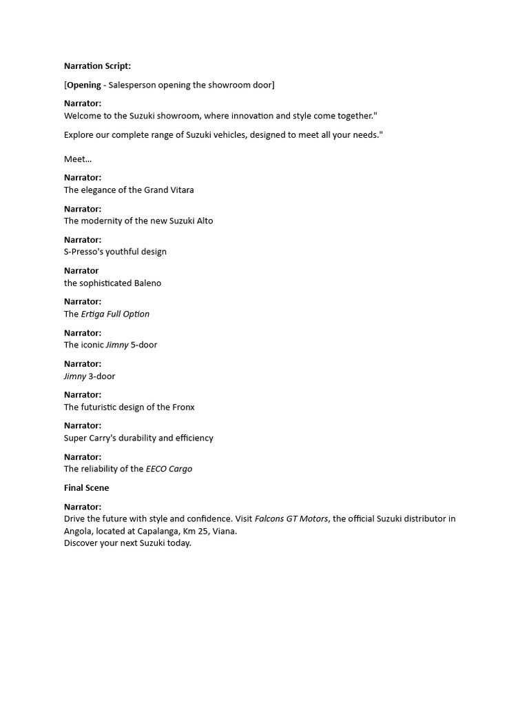 Narration Script (Suzuki Falcons Showroom ( | PDF | Business