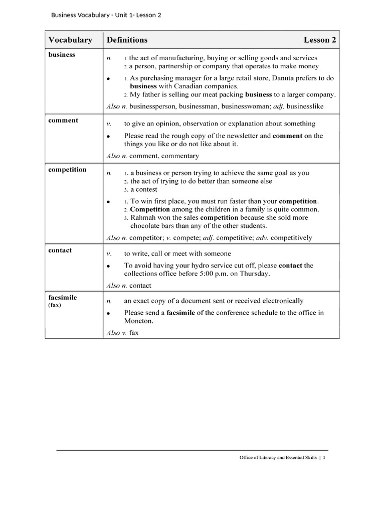 Business Vocabulary Lesson 2 Activities | PDF | Fax