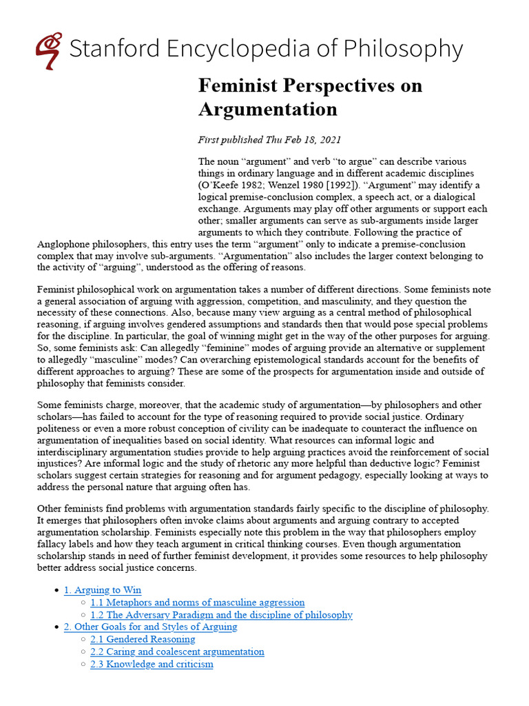 Feminist Perspectives On Argumentation (Stanford Encyclopedia of ...