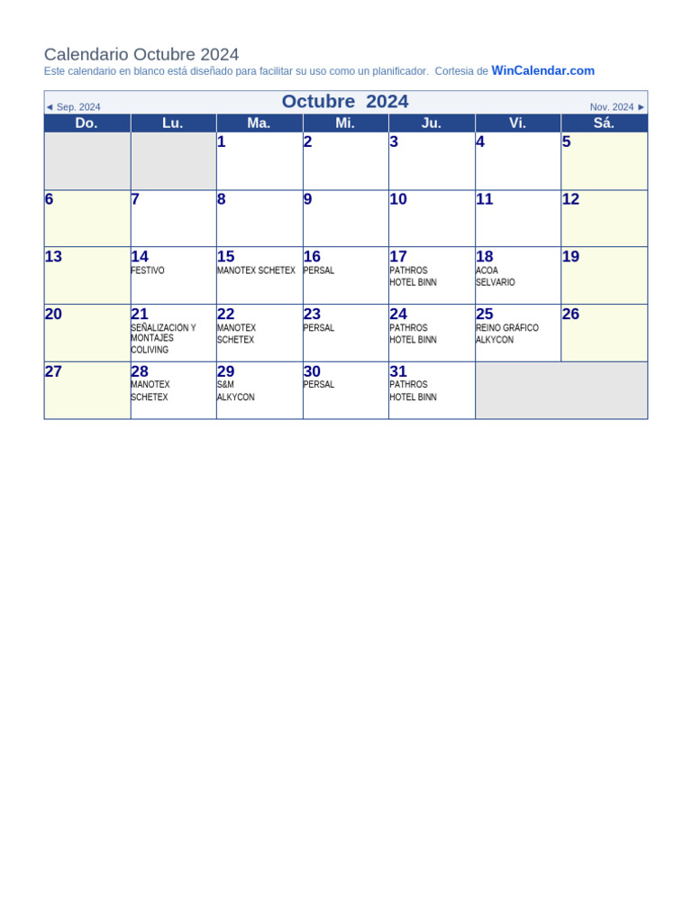 Calendario Octubre 2024 en Blanco | PDF
