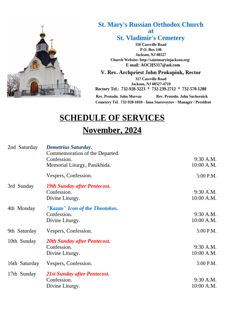 Schedule of Divine Services - November, 2024 | PDF | Eastern Orthodoxy ...