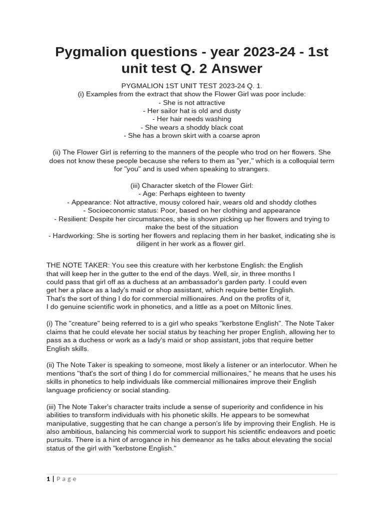 Pygmalion Question 1st Sem 2023-24 Answer Key | PDF | English Language