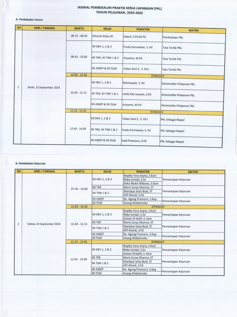 Jadwal Pembekalan Praktik Kerja Lapangan (PKL) Tahun Pelajaran.2024