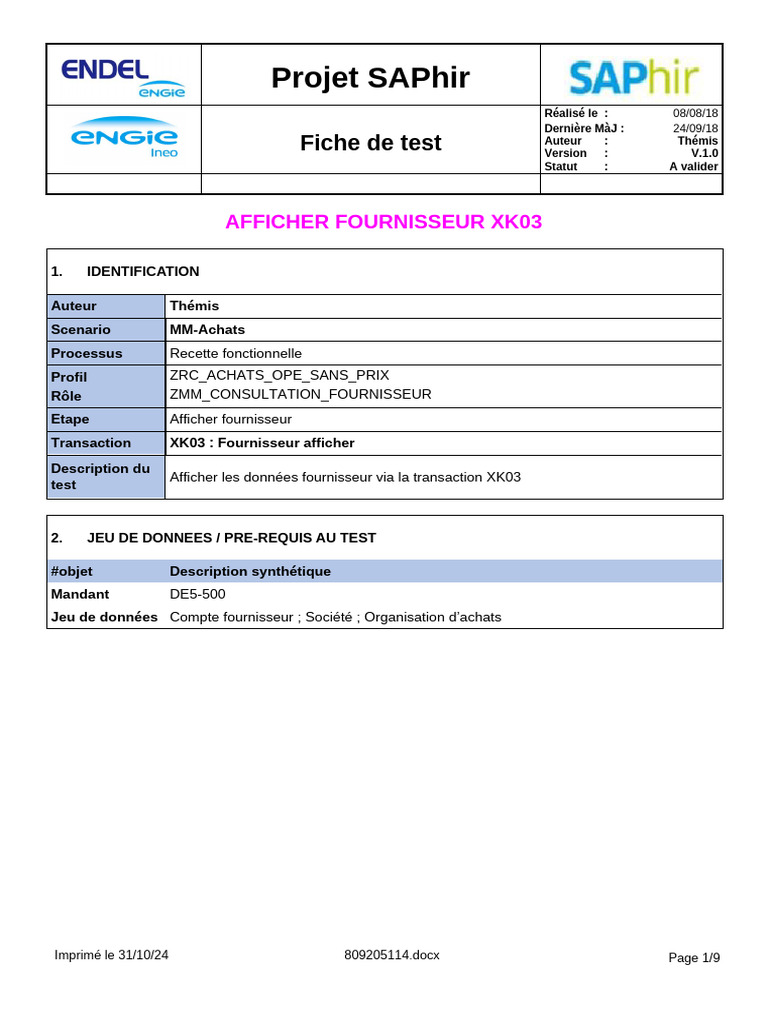 Test de la transaction XK03 SAP | PDF