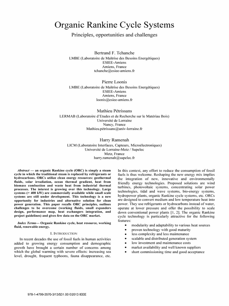 Organic Rankine Cycle Systems Principles Opportunities and Challenges ...