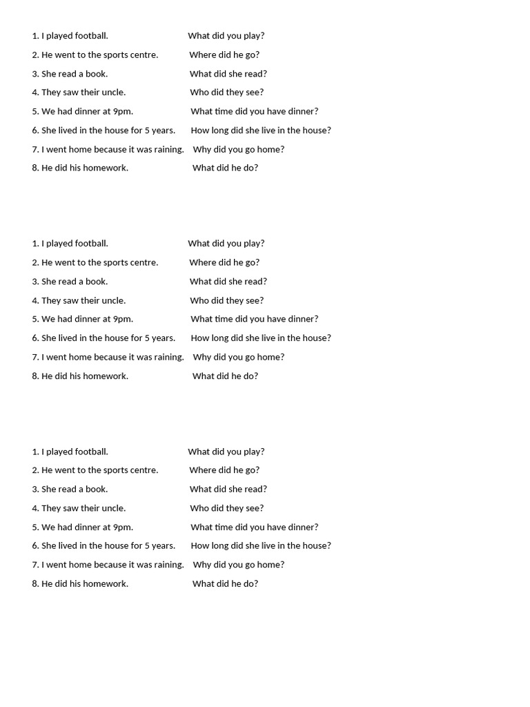 Past Simple Question Drill | PDF | Sports & Recreation