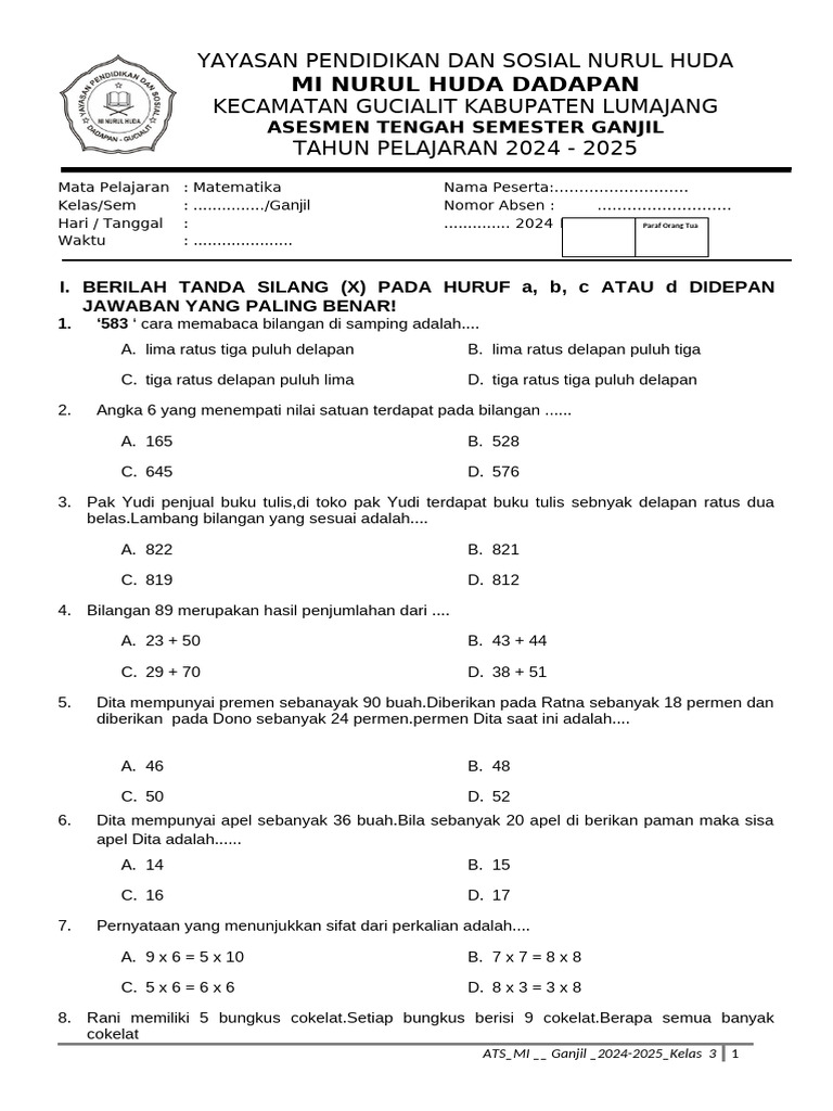 Soal UTS Matematika Kelas 3 Ganjil | PDF | Metode & Bahan Ajar