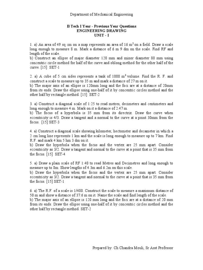 B Tech I Year - Previous Year Questions Engineering Drawing Unit - I ...