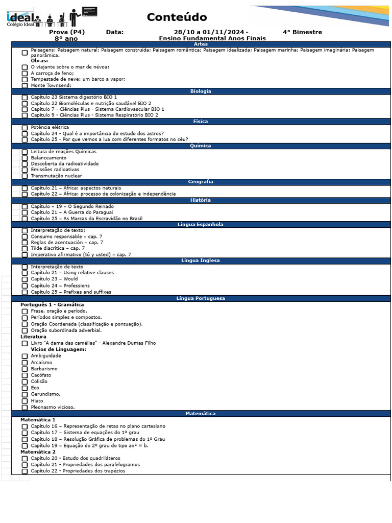 8° Ano - Conteúdos - 4º Bimestre - 2024 - P4 - 8º Ano | PDF