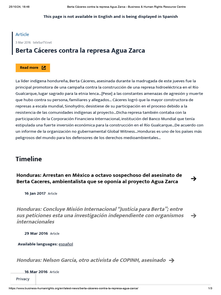 Berta Cáceres Contra La Represa Agua Zarca - Business & Human Rights ...
