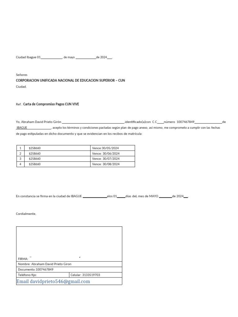 Compromiso de Pagos CUN VIVE | PDF | Finanzas y dinero