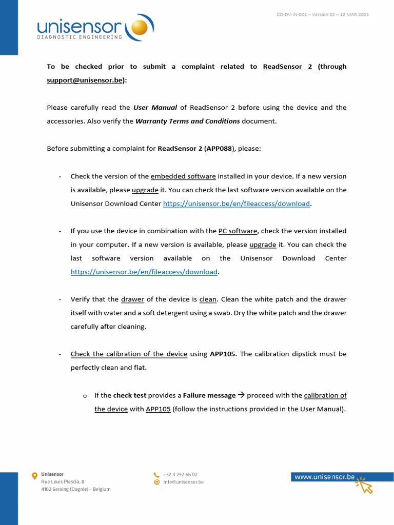 ReadSensor 2 Complaint Submission Guide | PDF | Software | Calibration