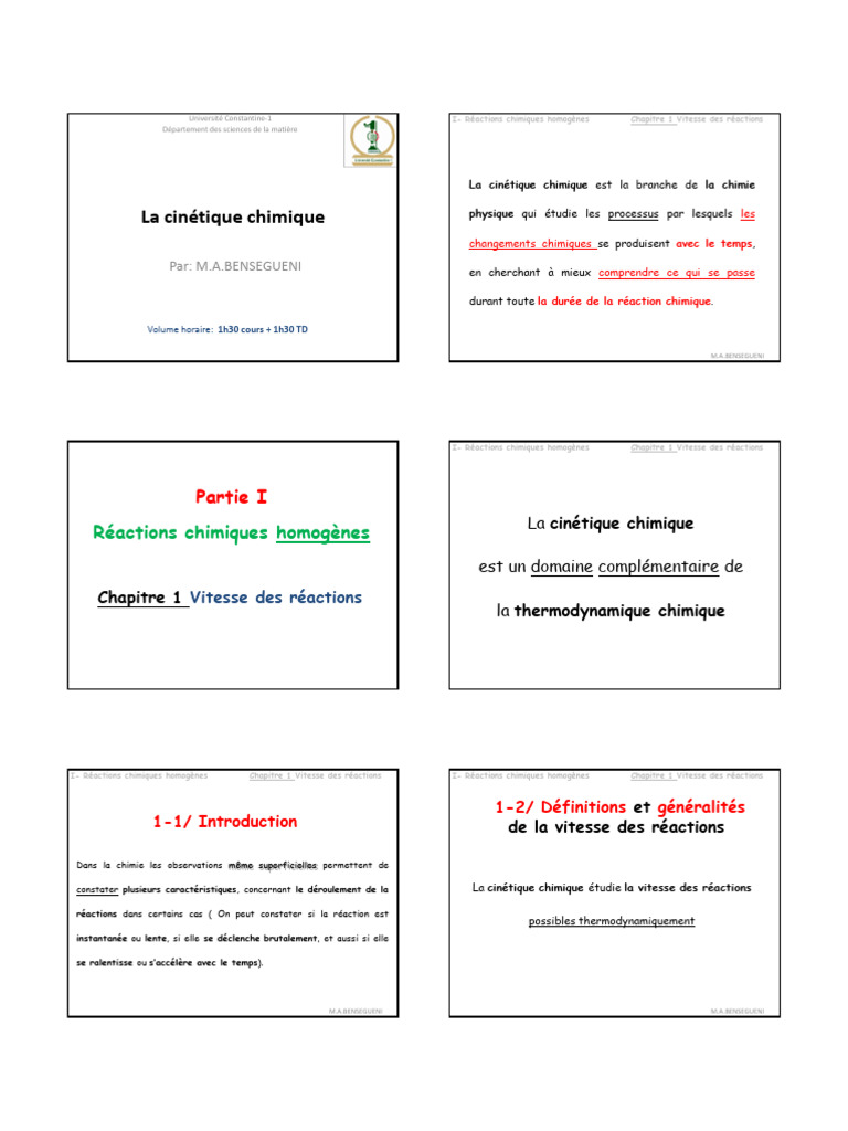 La Cinétique Chimique Chapitre 1 | PDF | Cinétique chimique | Réactions ...
