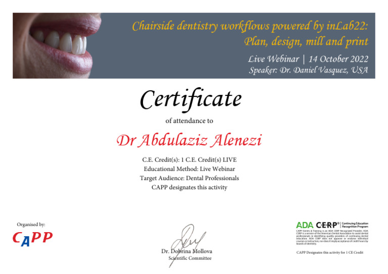 Dental Webinar Attendance Certificate | PDF