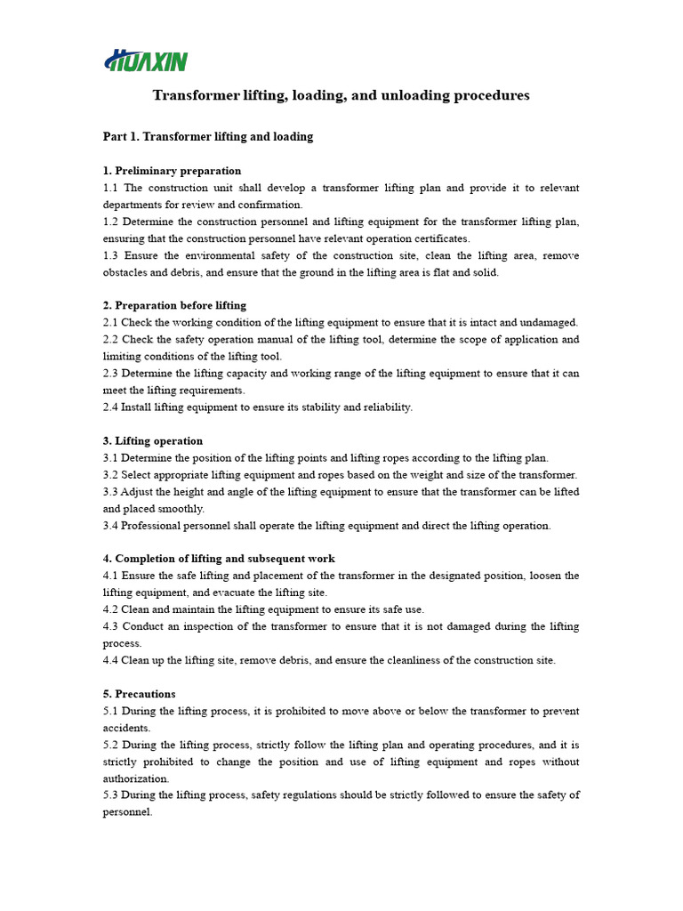Transformer lifting, loading, and unloading procedures | PDF | Safety ...