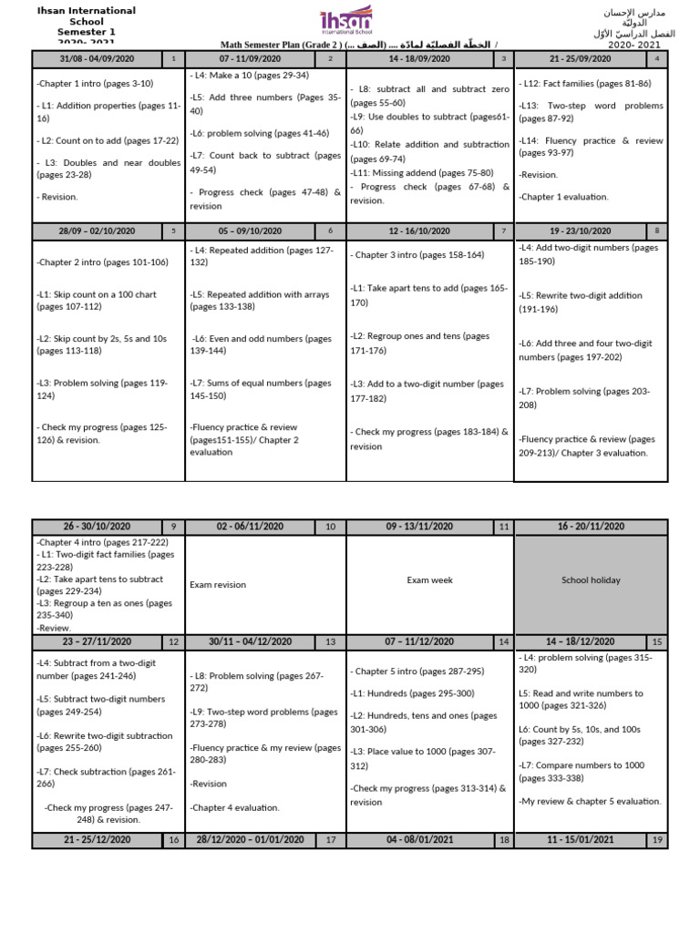 Grade2-1st Semester Plan-Math | PDF | Elementary Mathematics | Arithmetic