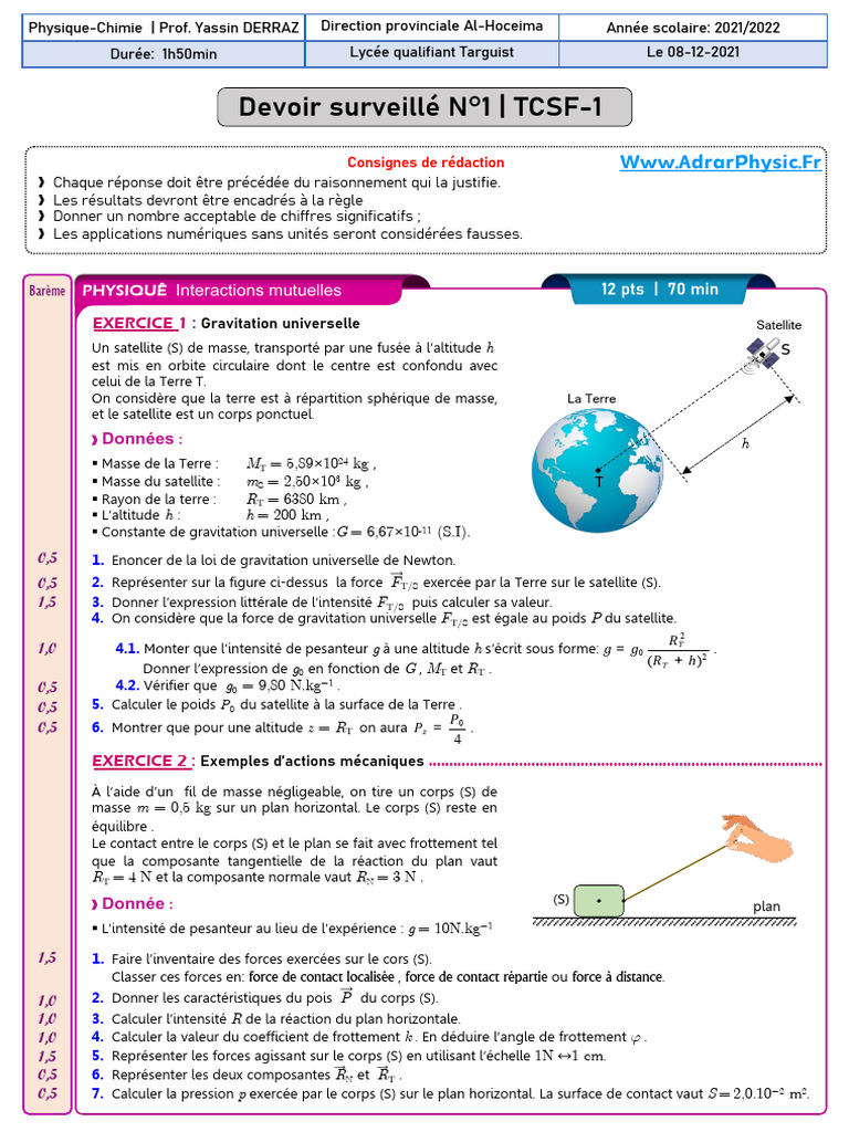 Devoir de Physique-Chimie TCSF-1 | PDF | Loi universelle de la ...