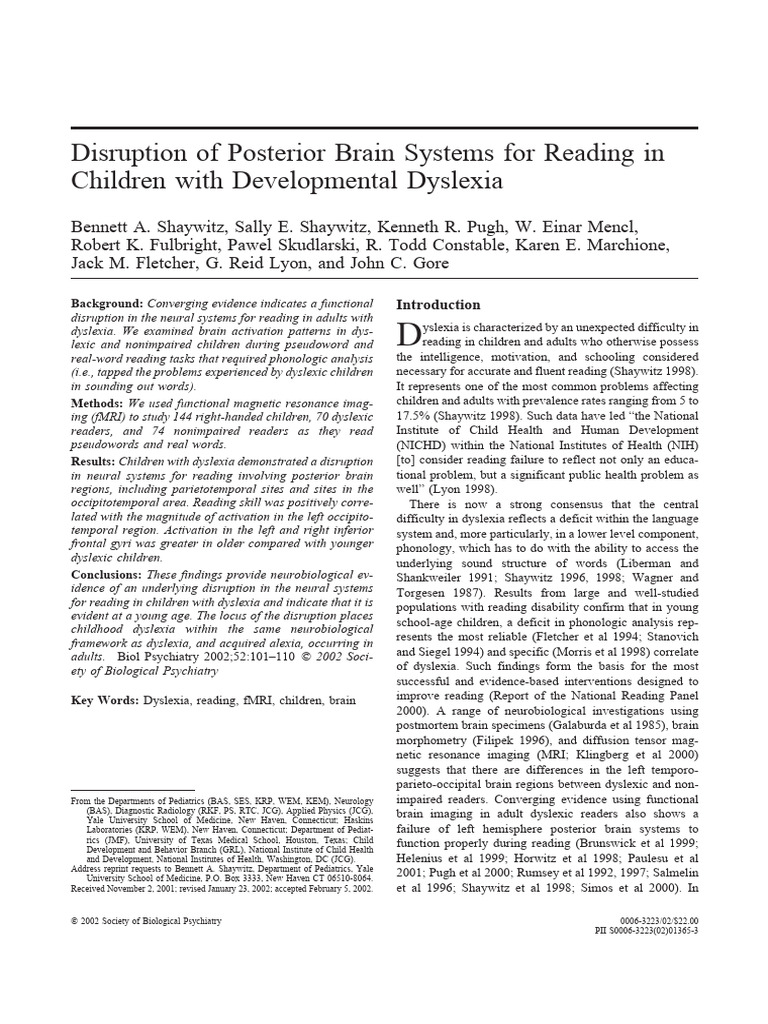 Shaywitz et al (2002) fMRI Dyslexia | PDF | Frontal Lobe | Dyslexia