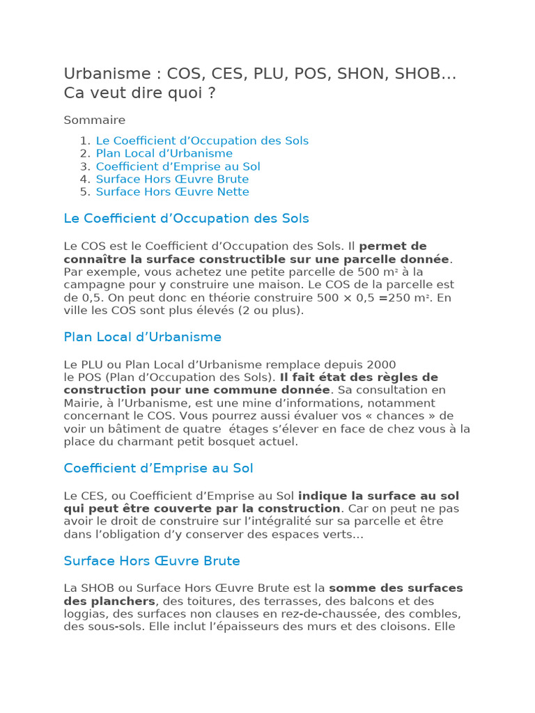Urbanisme : Définitions clés du COS et CES | PDF