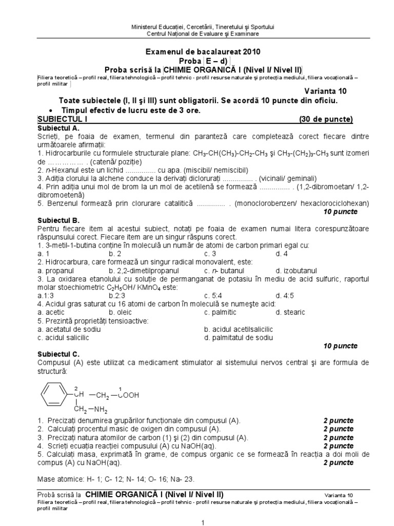 Subiect Bac Chimie Organica