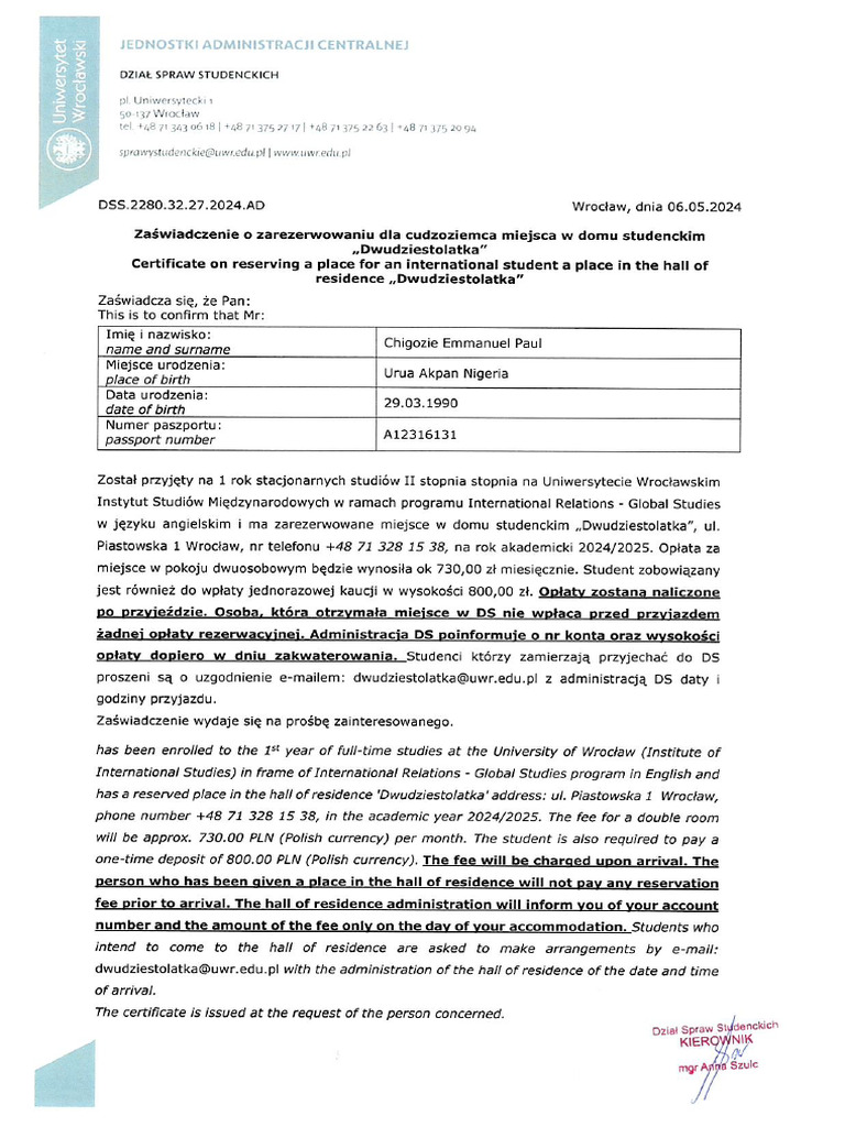 Dormitory Confirmation | PDF