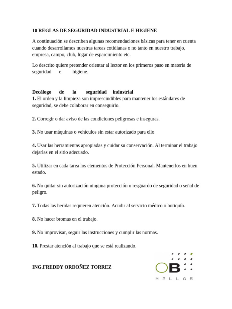 10 Reglas de Seguridad Industrial e Higiene | PDF | Negocios