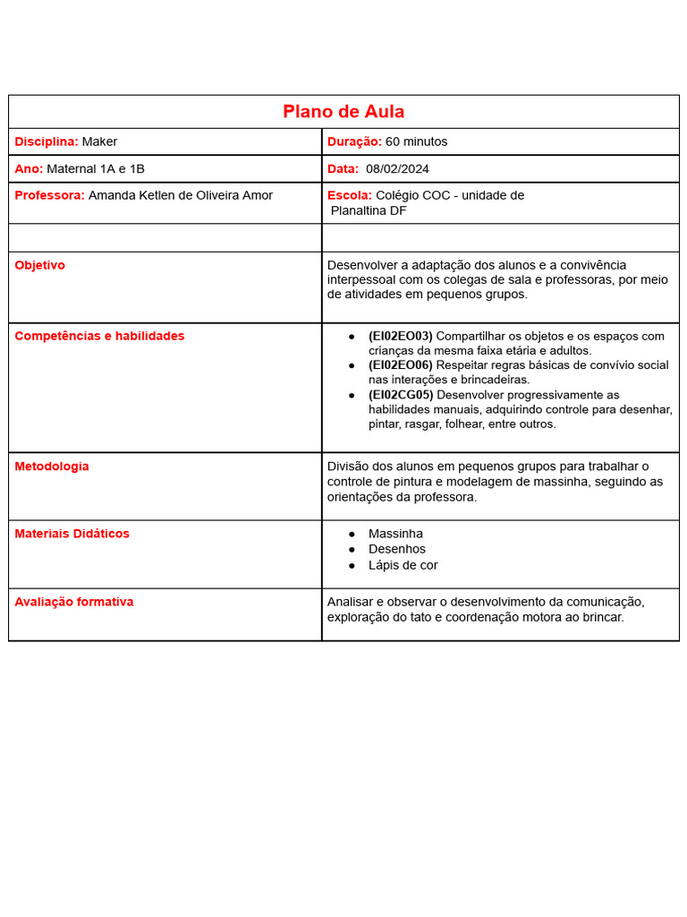 Plano de Aula Maternal 1 A e B 08-02 | PDF