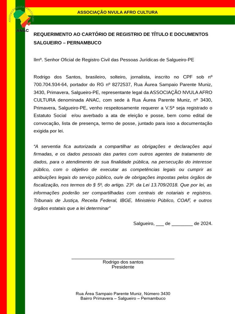 REQUERIMENTO AO CARTÓRIO DE REGISTRIO DE TÍTULO E DOCUMENTOS | PDF