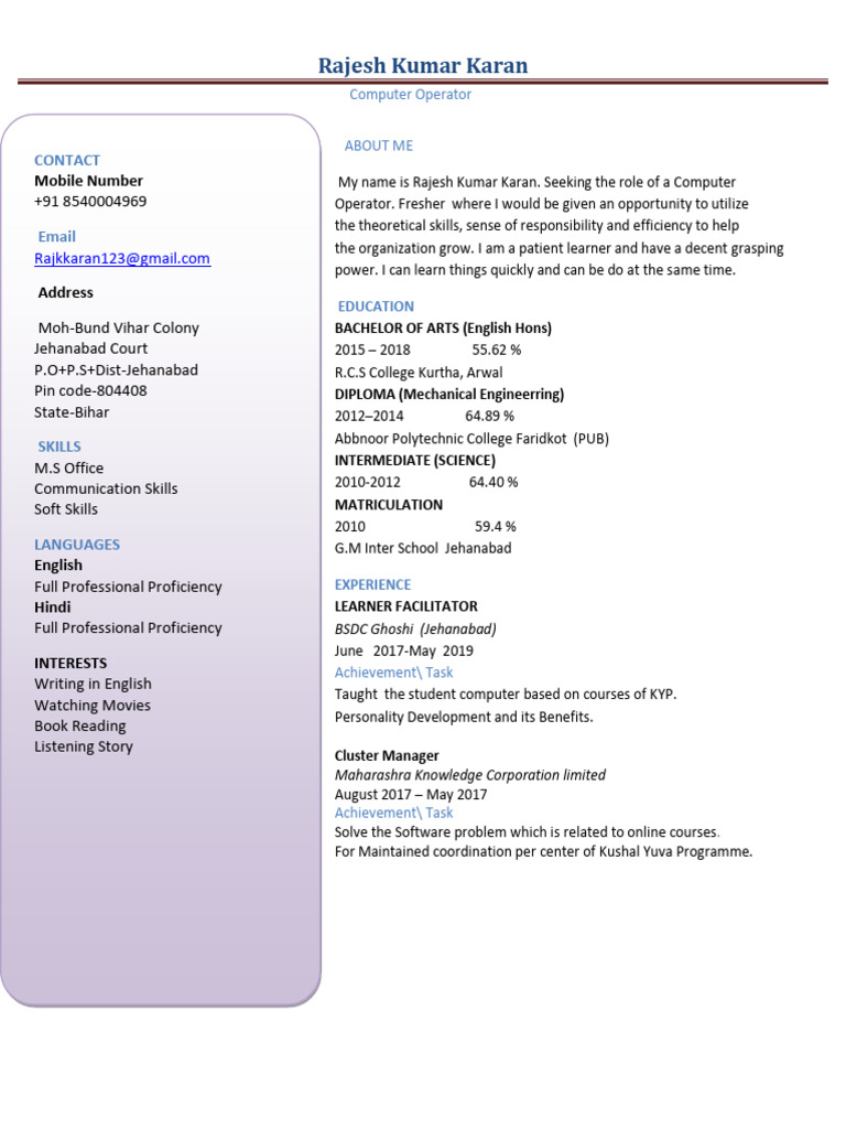 Rajesh Kumar Karan: Computer Operator CV | PDF | Career & Growth | Business