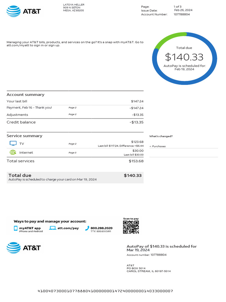 AT&T Bill Summary and Payment Details | PDF