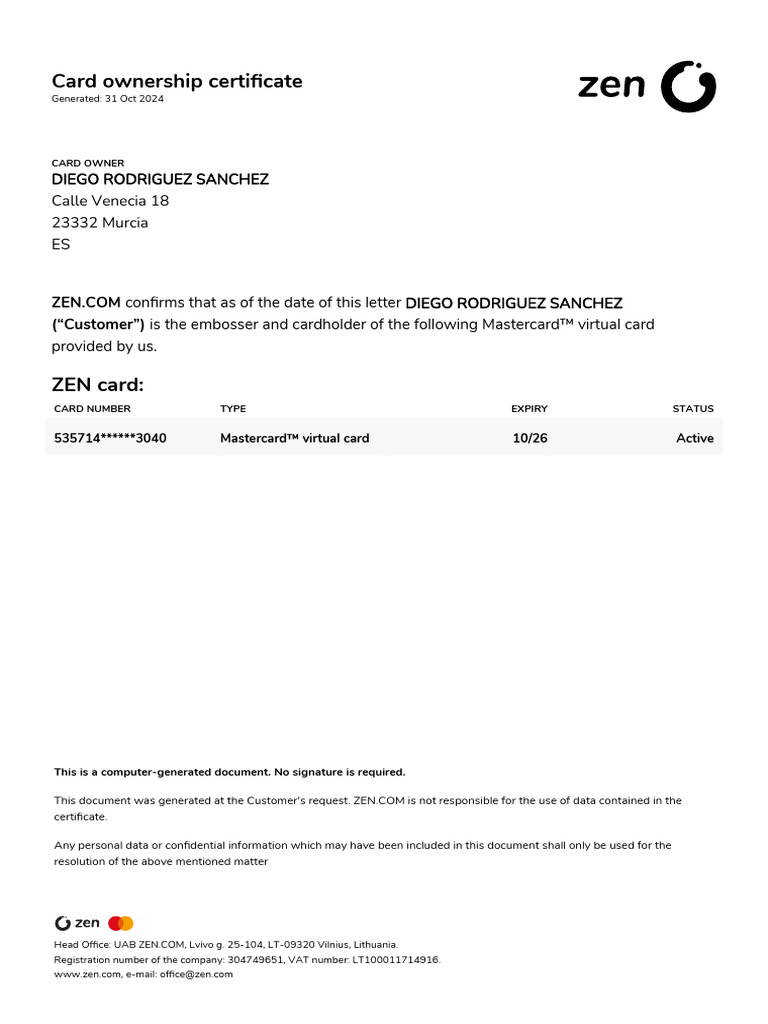Card Certificate 3040 | PDF | Finance & Money Management