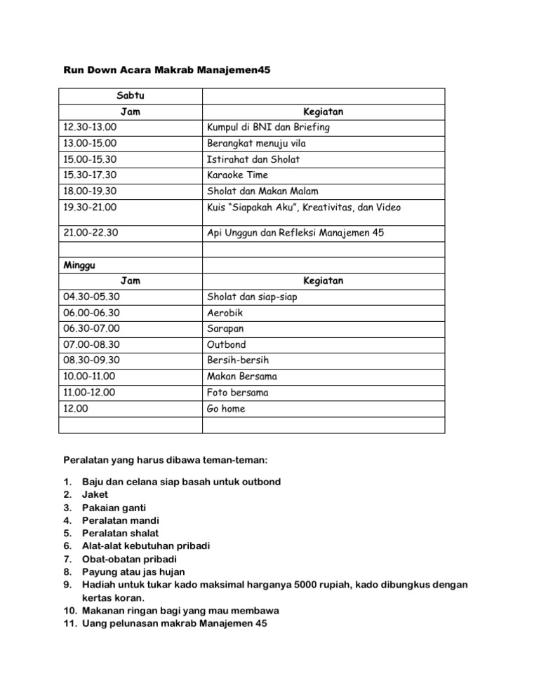 Susunan Acara Makrab Manajemen45 | PDF