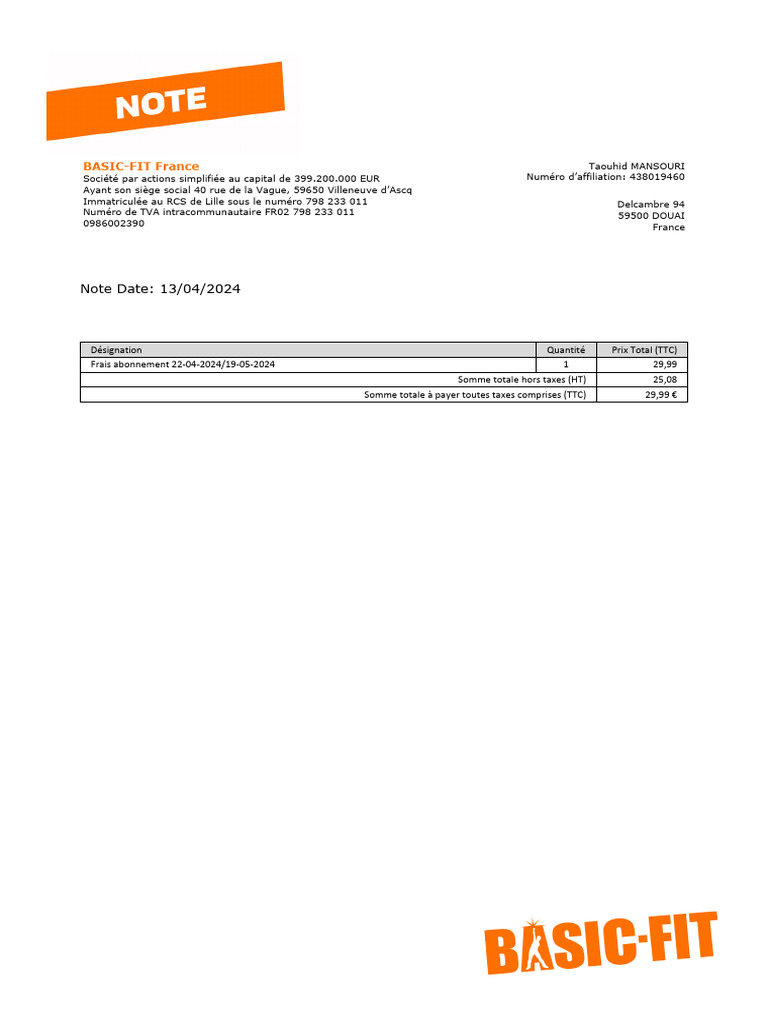 Facture Abonnement Basic-Fit 2024 | PDF