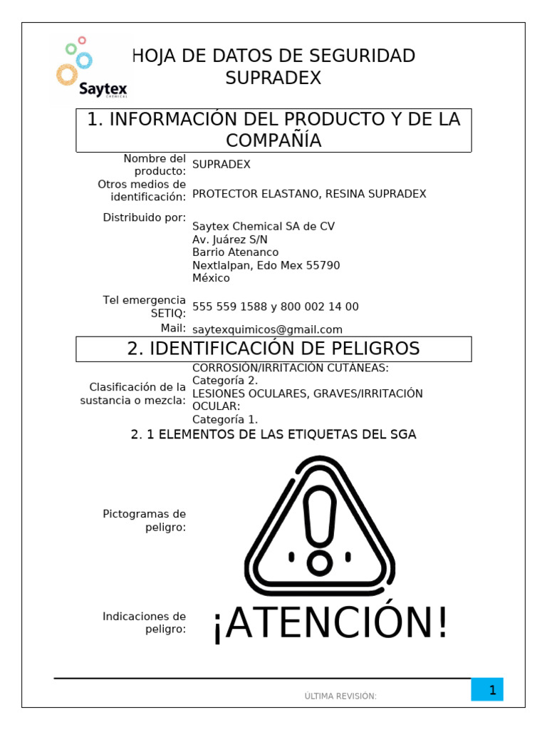 Hoja de Datos de Seguridad: Supradex | PDF | Residuos | Contaminación