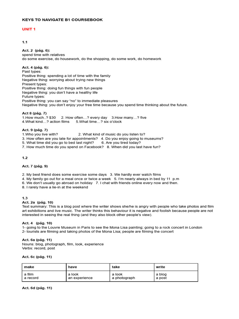 KEYS TO NAVIGATE B1 COURSEBOOK - UNIT 1 | PDF | Languages | Foreign ...