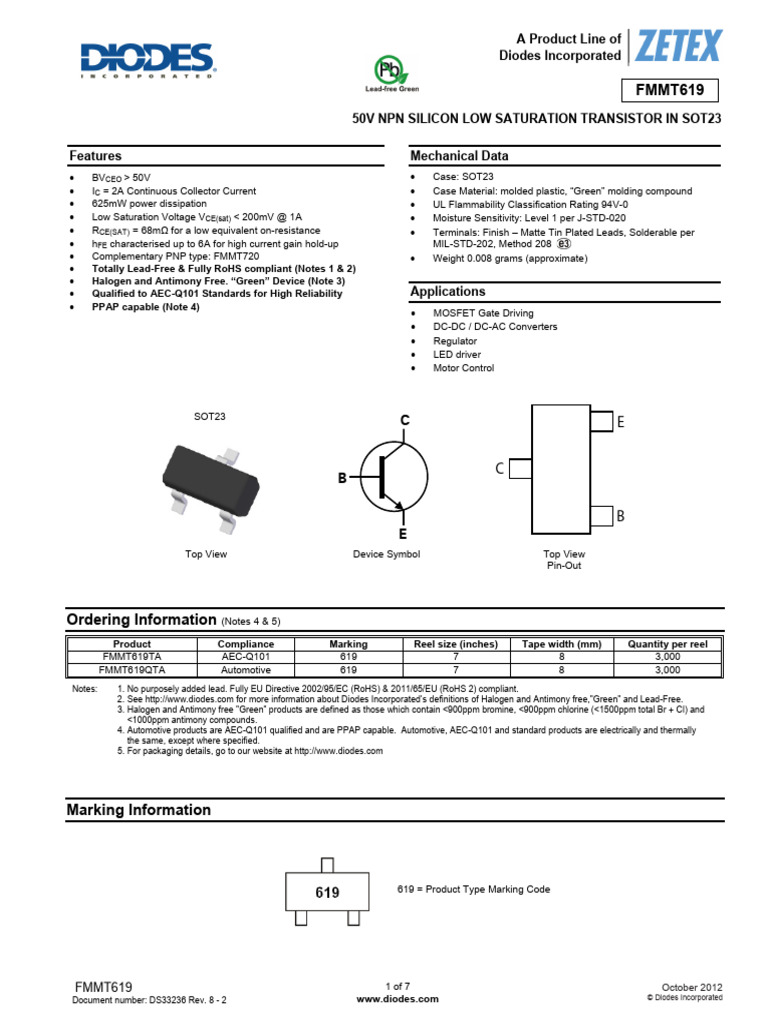 FMMT619: 50V NPN Transistor Specs | PDF | Bipolar Junction Transistor ...