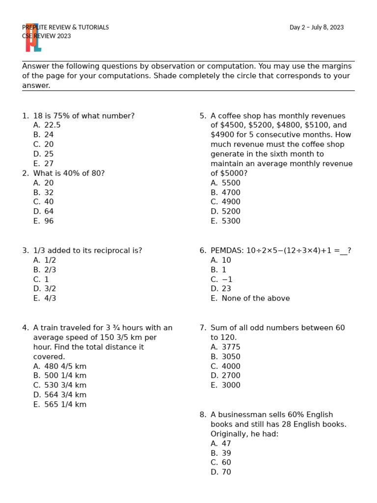 CSE Review: Math & Vocabulary Exercises | PDF