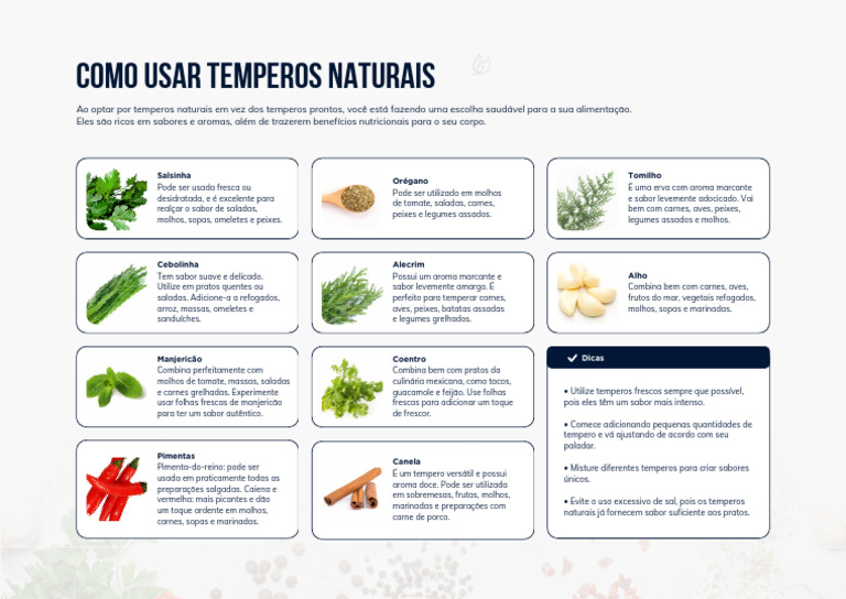 Dicas para Usar Temperos Naturais | PDF | Chocolate | Gosto