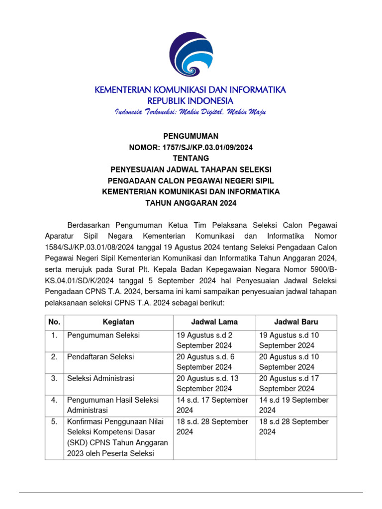 Pengumuman penyesuaian jadwal tahapan seleksi pengadaan cpns